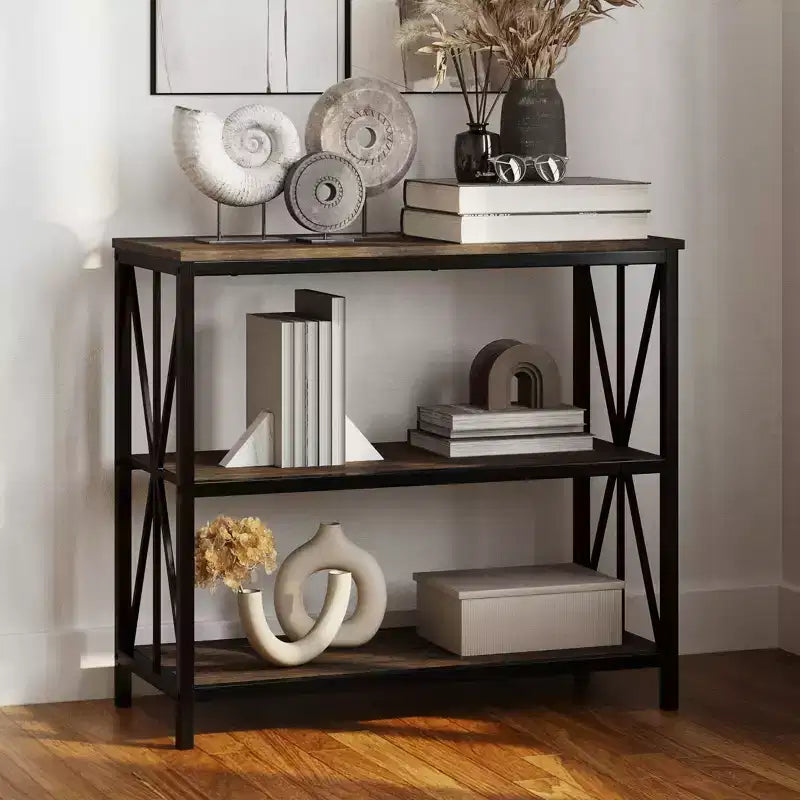 Lavish Home Freestanding 3-Tier Bookshelf Industrial Wood and Metal Shelving, Brown Woodgrain