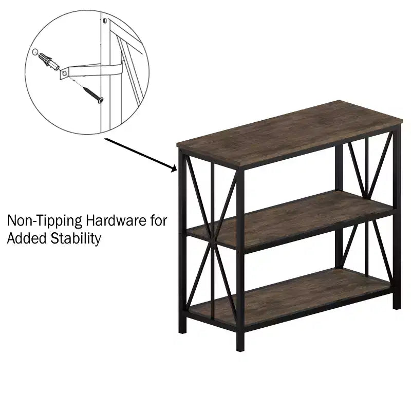 Lavish Home Freestanding 3-Tier Bookshelf Industrial Wood and Metal Shelving, Brown Woodgrain