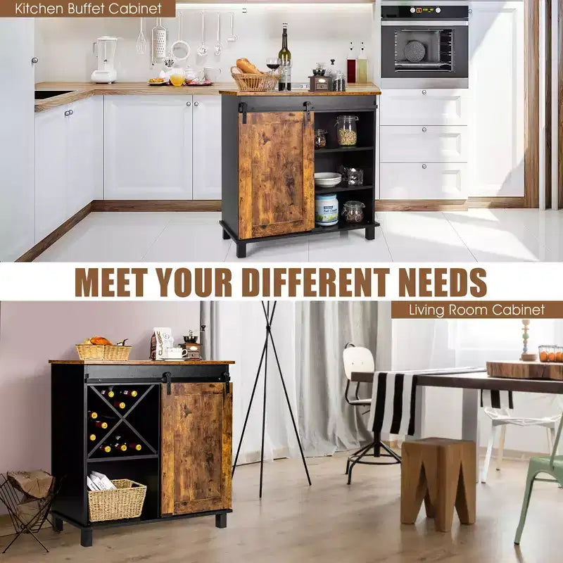 Costway Kitchen Buffet Storage Cabinet Sideboard w/Sliding Barn Door Wine Rack