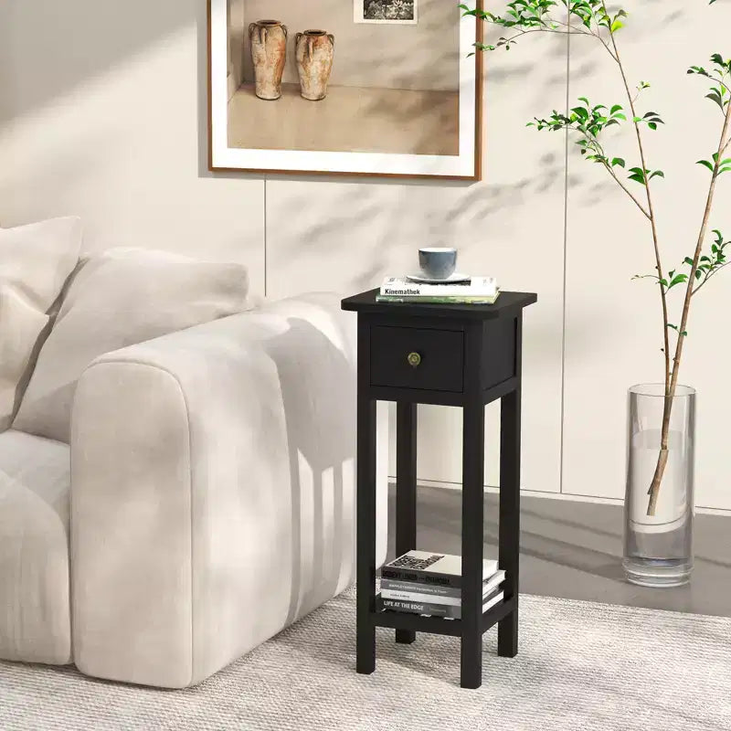 Costway Solid Wood Side Table Telephone Table with Drawer & Open Shelf for Living Room