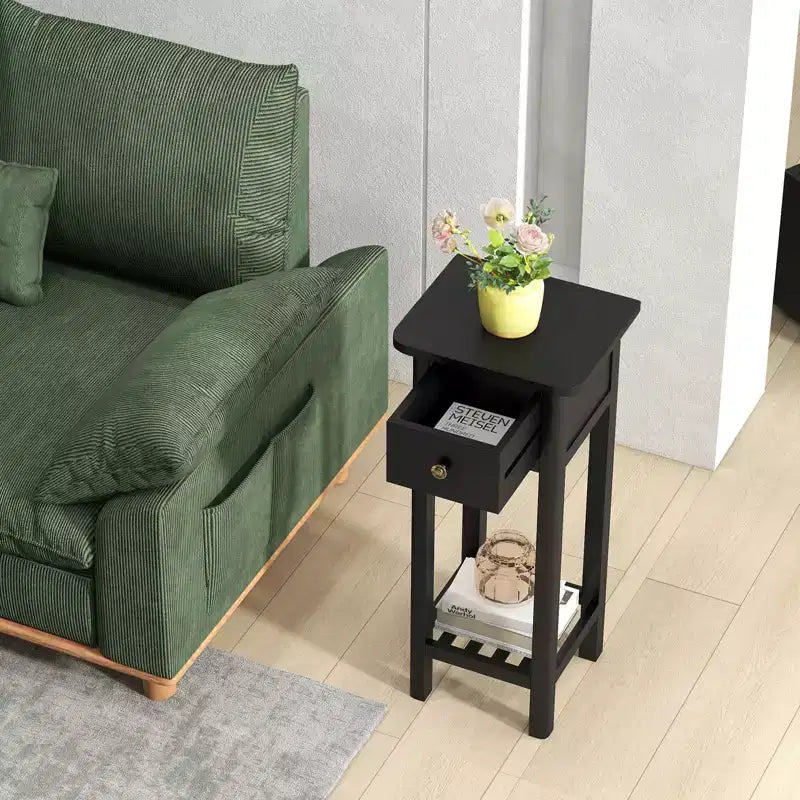 Costway Solid Wood Side Table Telephone Table with Drawer & Open Shelf for Living Room