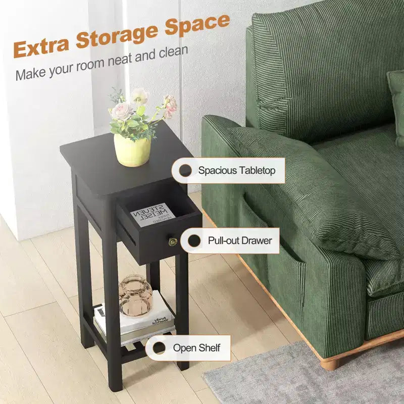 Costway Solid Wood Side Table Telephone Table with Drawer & Open Shelf for Living Room