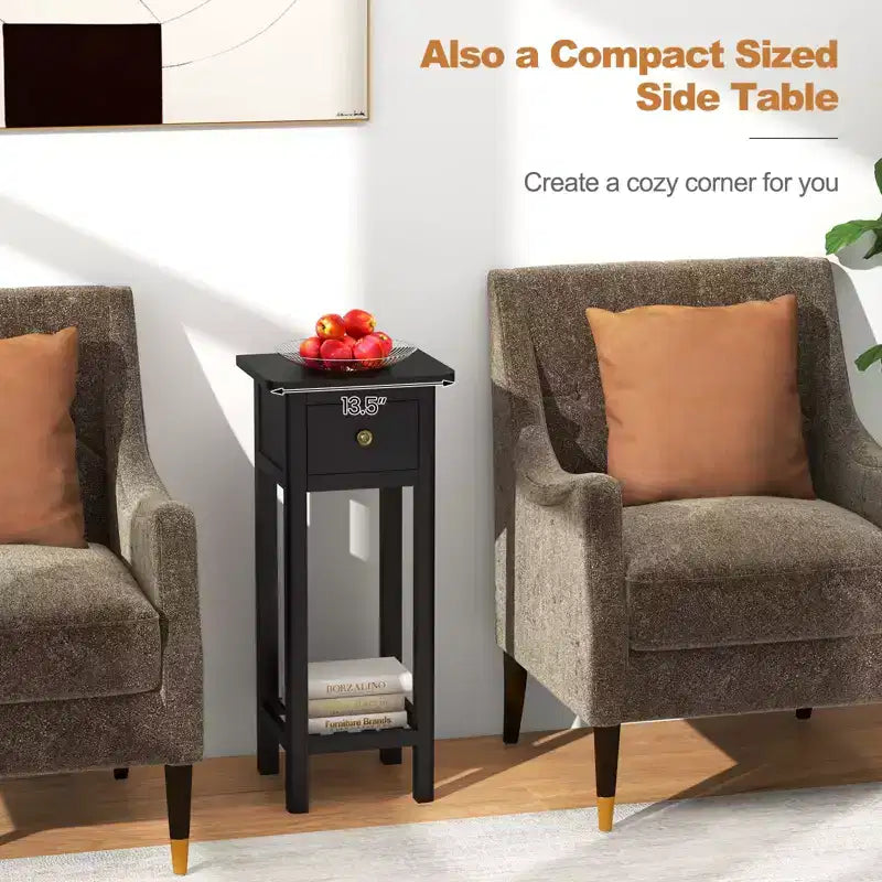 Costway Solid Wood Side Table Telephone Table with Drawer & Open Shelf for Living Room