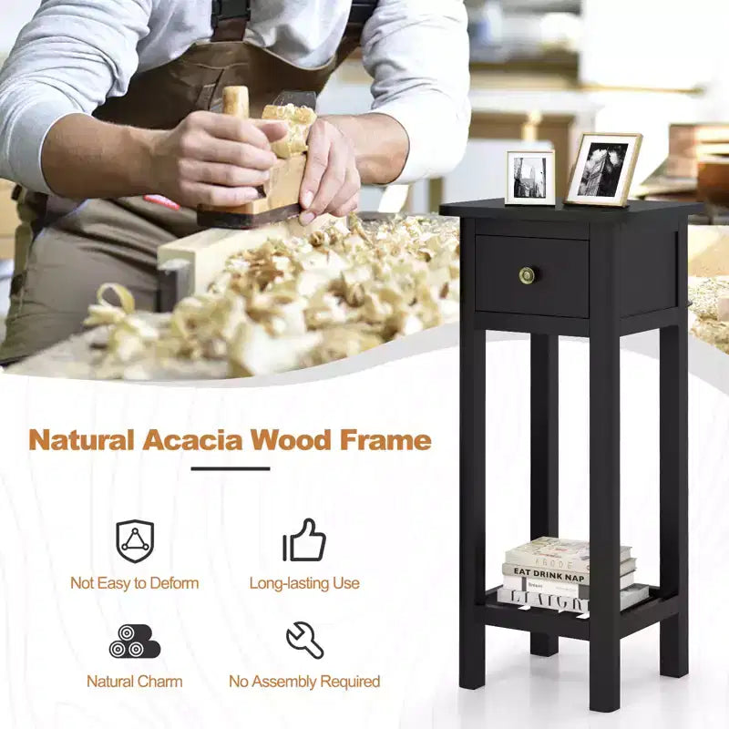 Costway Solid Wood Side Table Telephone Table with Drawer & Open Shelf for Living Room
